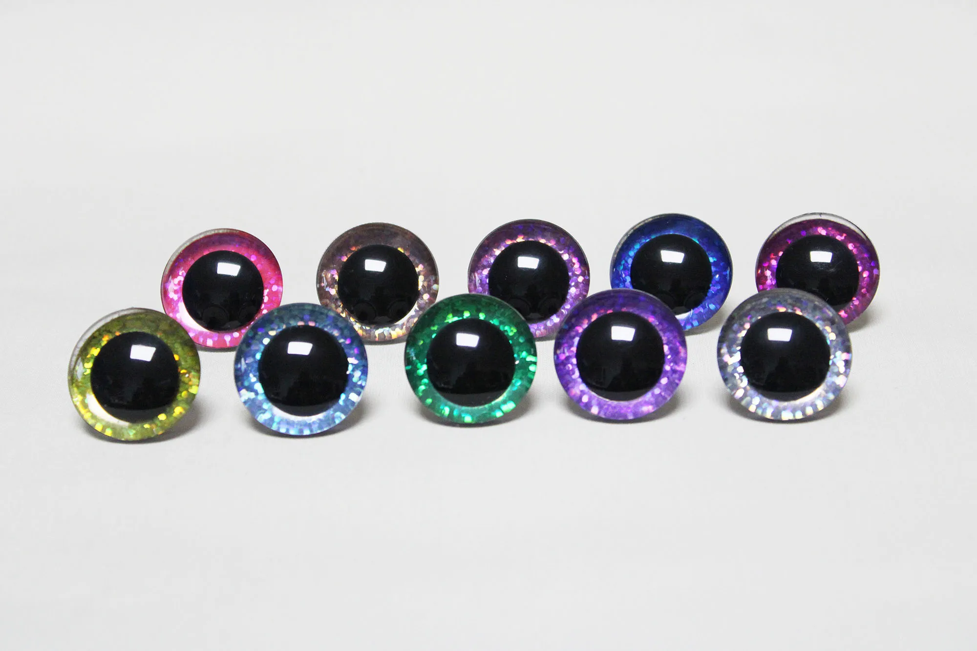 10 Farben gemischte, klare, bunte Sicherheitsaugen, 25mm 30mm, 3D komische runde Glitzer-Spielzeugaugen mit harter Unterlegscheibe und Glitzer – Detail 38