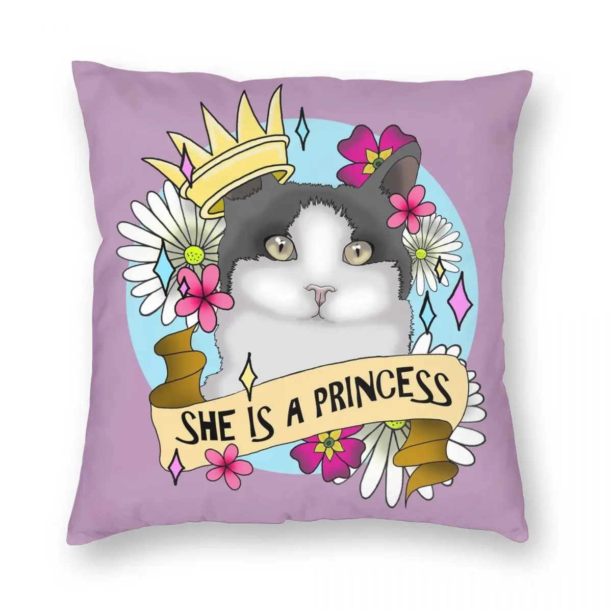 Princess Bobble The Cat With Crown Flowers Square Pillowcase Polyester Linen Velvet Pattern Zip Decor Sofa Seater Cushion Cover