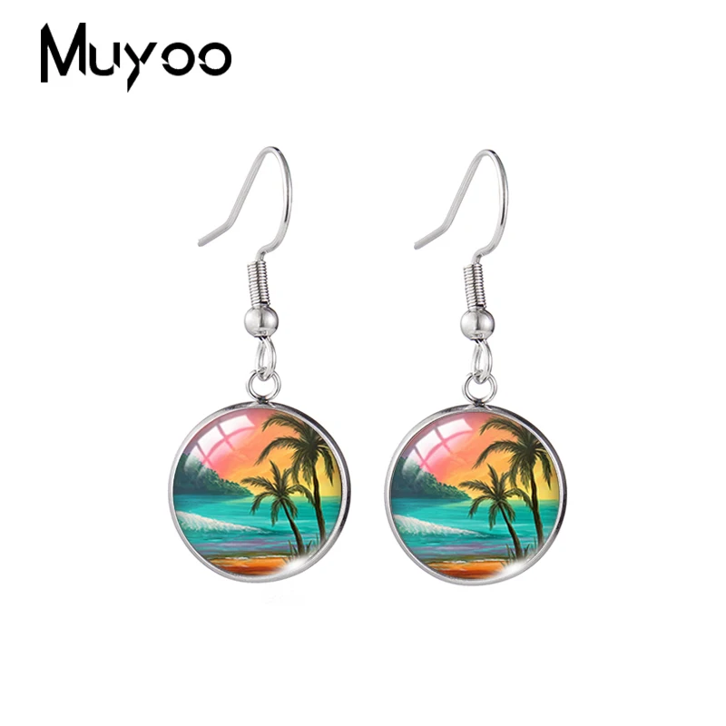 2020 New Coastal Tropical Beach Earring Oil Painting Fish Hook Earrings Handmade Round Glass Dome Jewelry Gifts Men Women