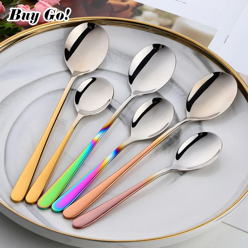 1PC Colorful Stainless Steel Korean Dessert Spoon Gold Silver Coffee Spoon With Long Handle Ice Cream Mixing Tea Spoon Tableware