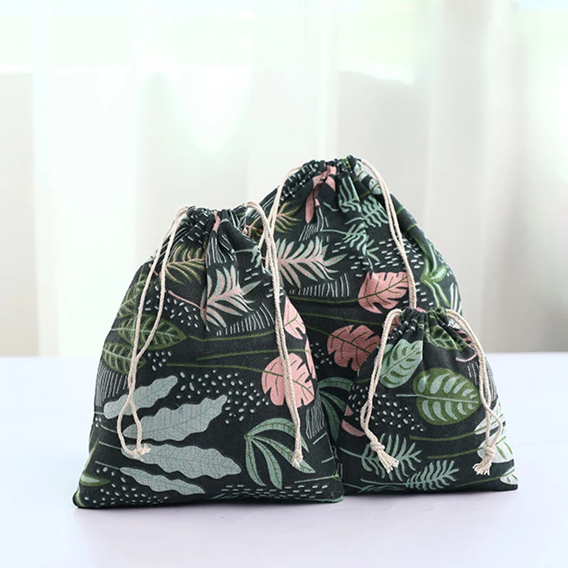 1pcs Tropical Plants Green Leaf Drawstring Cotton Linen Travel Shaver Sunglass Storage Bag Underwear Organizer Coins Bags 49083