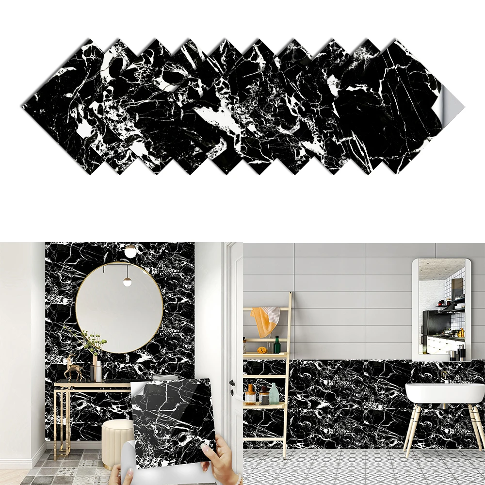 10/15cm Black & White Marble Tiles Wall Sticker Kitchen Wardrobe Bathroom Home Decor Self-adhesive Waterproof Art Wall Decals