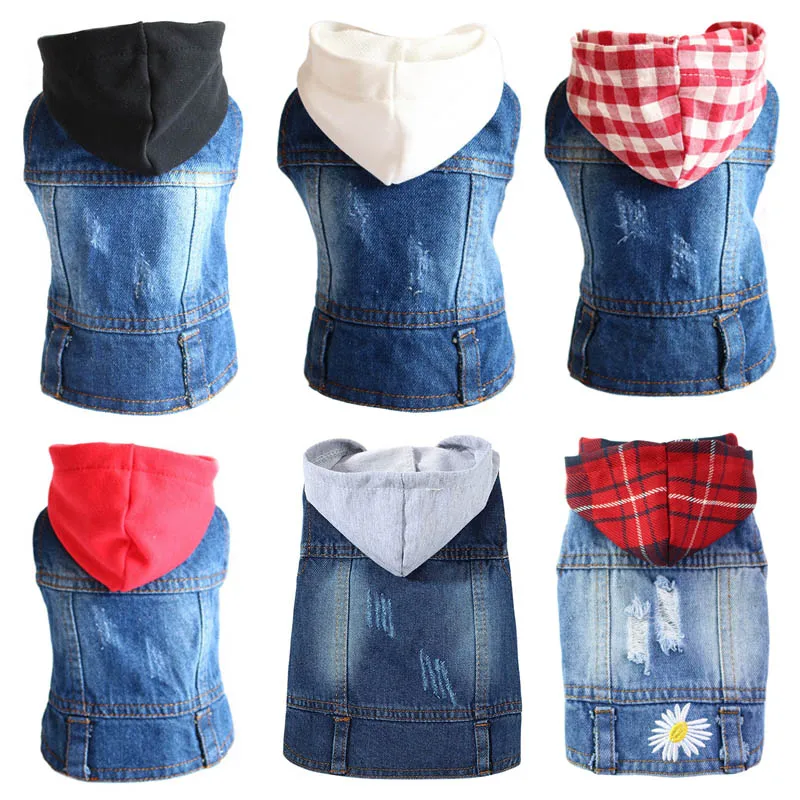 Sleeveless Denim Dog Jacket - Dark Wash, Puppy Hooded Jeans Coat Spring Summer Dog Clothes for Small Medium Dogs Bulldog Yorkie