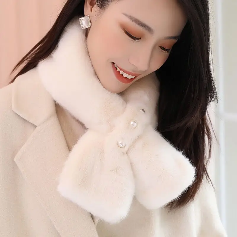 Korean Women Pearl Solid Color Winter Thicken White Cross Warm Scarf Cute Girl Faux Rabbit Fur Collar Neck Guard Plush Scarve T6