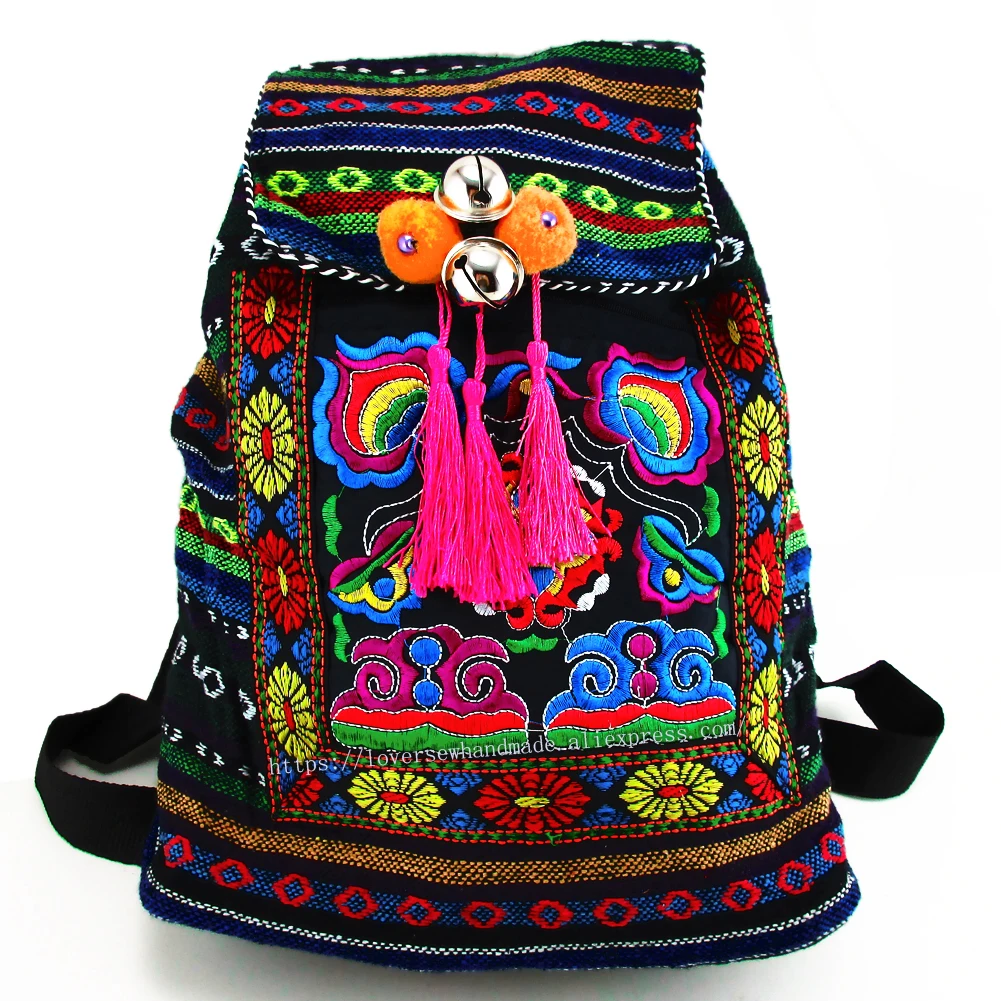 Tribal Vintage Hippie Colorful Travel Backpack Bag For Women Embroidery Pom Charm Hmong Ethnic Bohemian Boho Rucksack SYS-170E