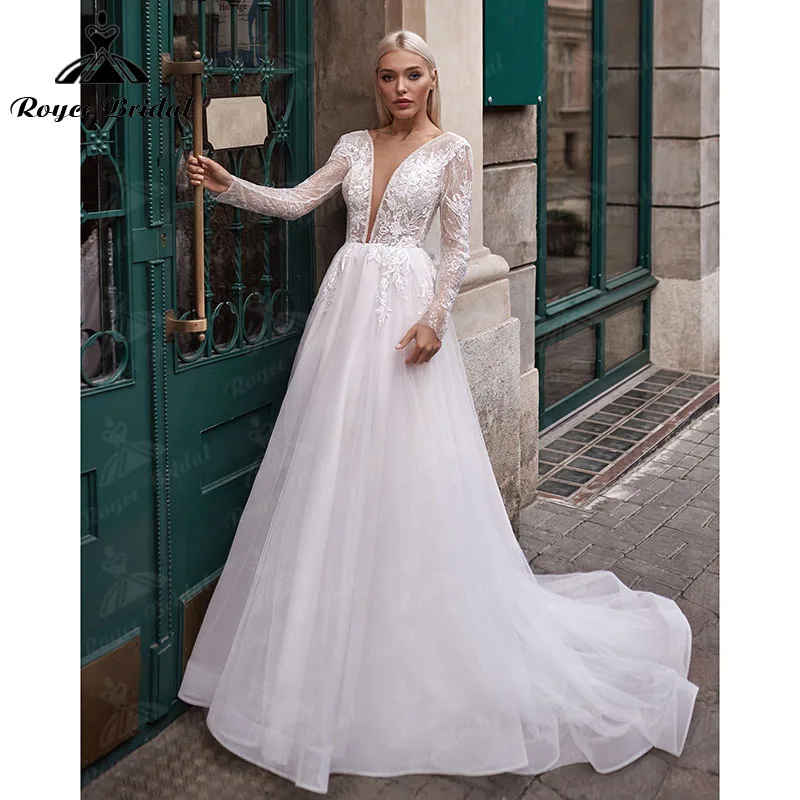 Chique boho vestidos de casamento profundo decote em v manga longa rendas apliques vestido de noiva simples sukienka na wesele 2022