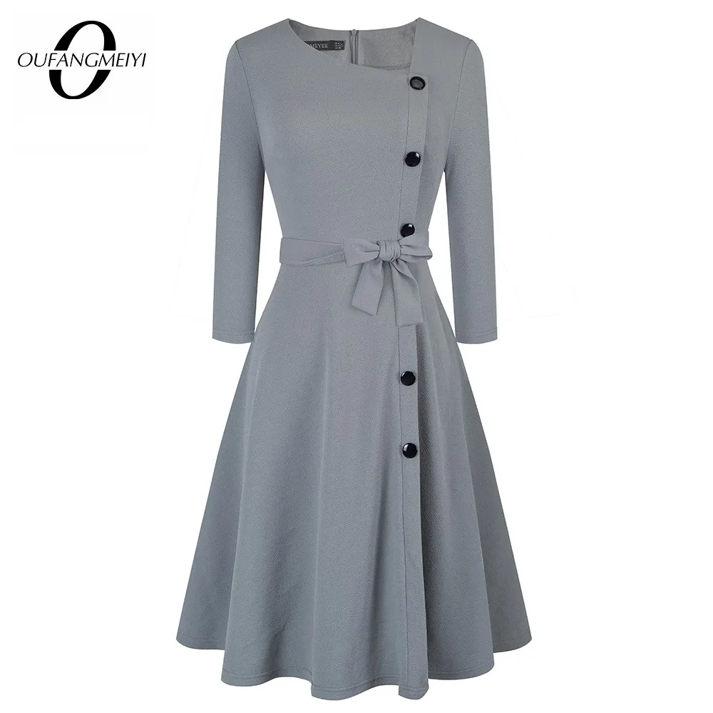 

Women Brief Solid Color Retro Asymmetrical Neck Bow Side Buttons Party Casual Classy A Line Dress EA250