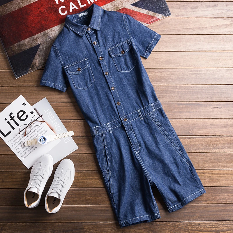 Summer Men Denim Jumpsuit Lapel Short-Sleeve Alphabet Cartoon Printing Overalls Hip-Hop Streetwear Jeans Short Cargo Pants
