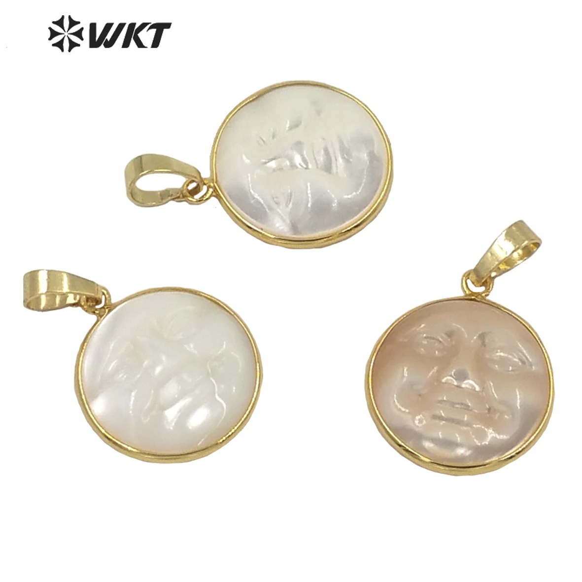 WT-JP243 Fashion gold round bezel shell people face charm pendant women 21mm natural shell small jewelry necklace pendant