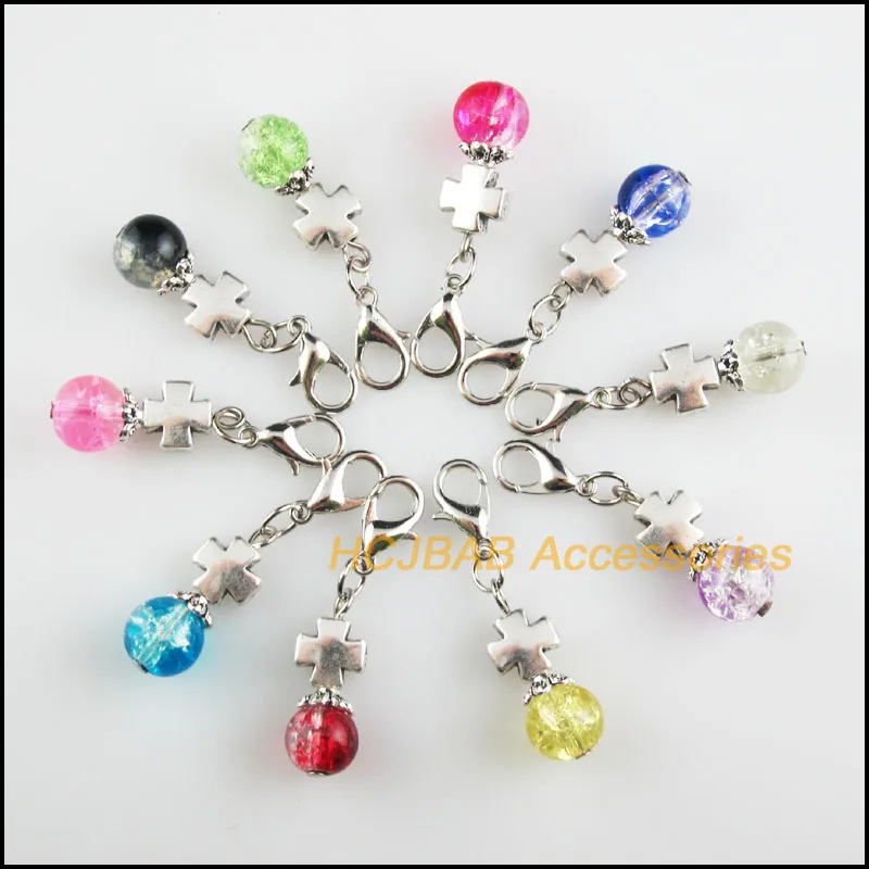 10 New Cross 8.5x20mm Charms Mixed Shivering Glass Tibetan Silver Plated Retro With Lobster Claw Clasps