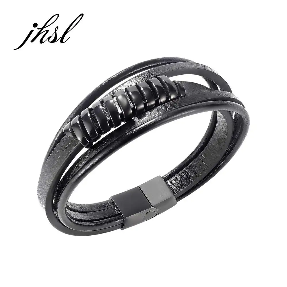 JHSL Men Magnet Statement Wrap Bracelets & Bangles High Quality Black Leather and Stainless Steel Party Gift New 2021