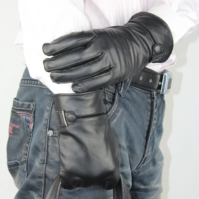 New hand-stitched sheepskin gloves men warm soft men's black gloves Coral velvet lining warm in autumn and winter man mitten