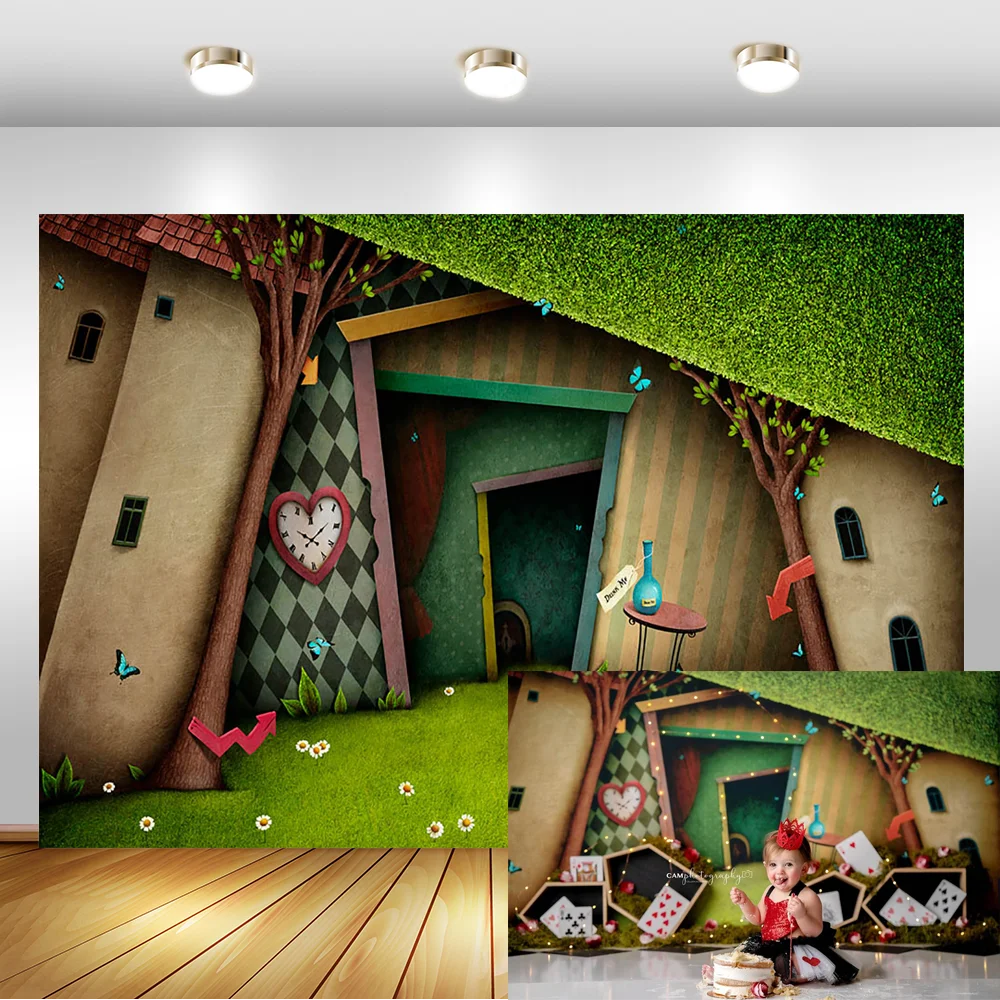 

Fairy Tale Wonderland Background for Photography Children Backgrounds for Photo Studio Magic Door Tree Clock Photo Background