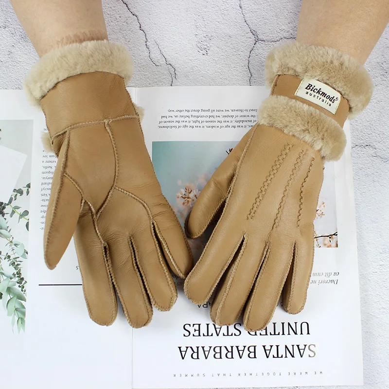 Leather Sheepskin Fur Gloves Women Hand-stitched Winter Thick Warm Wool Multicolor Stitching Style Finger Gloves