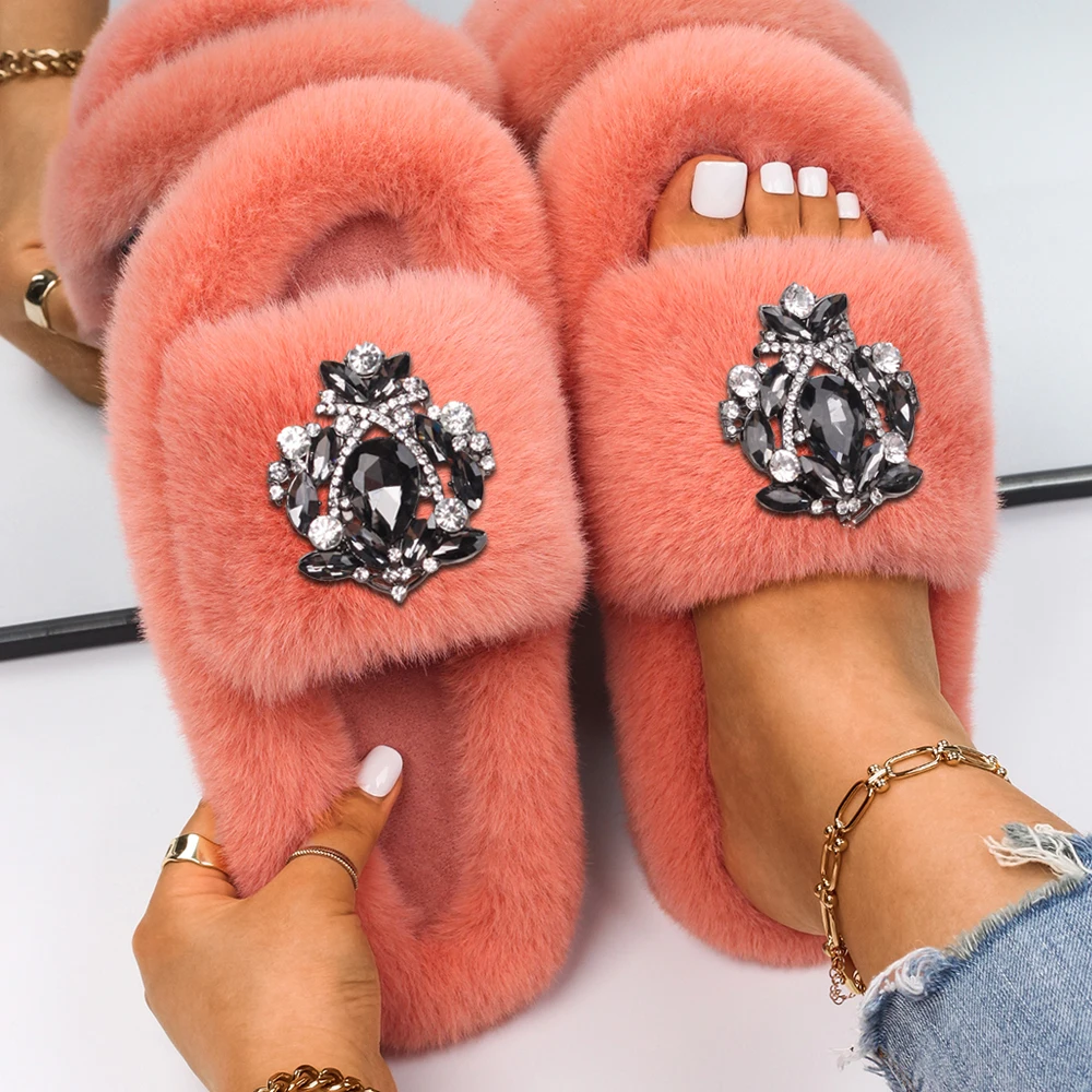 Lady Faux Fur Slides Slippers Drop Shape Alloy Rhinestone Crystal Winter Fur Sandals Flip Flops Crystal Flats Shoes for Women