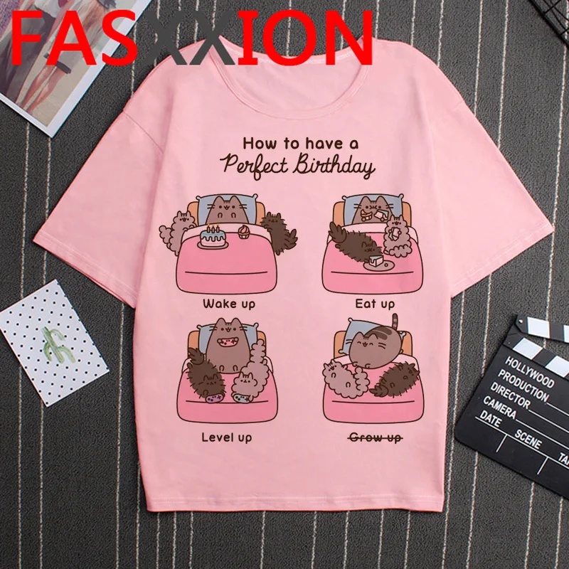 Kawaii Pusheen Cat T Shirt Women Cute Graphic Tees Funny Cat Shirt Ulzzang Korean Style T-shirt Streetwear Female