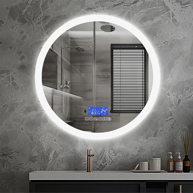 Round LED Smart Bathroom Mirror With Body Induction Anti-Fog Bluetooth Three Color Light Function Bath Makeup Vanity Mirror