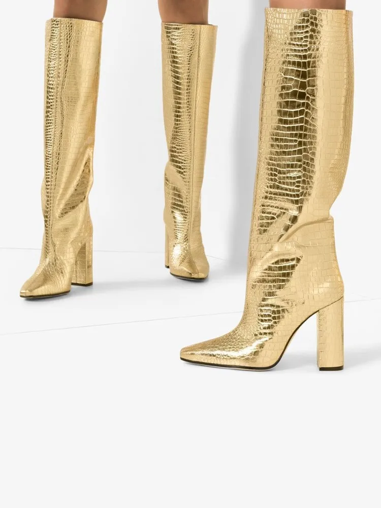 Botas largas de piel para mujer, zapatos de tacón alto hasta la rodilla, con estampado de piel de serpiente, color dorado y plateado, para invierno y otoño, 2020