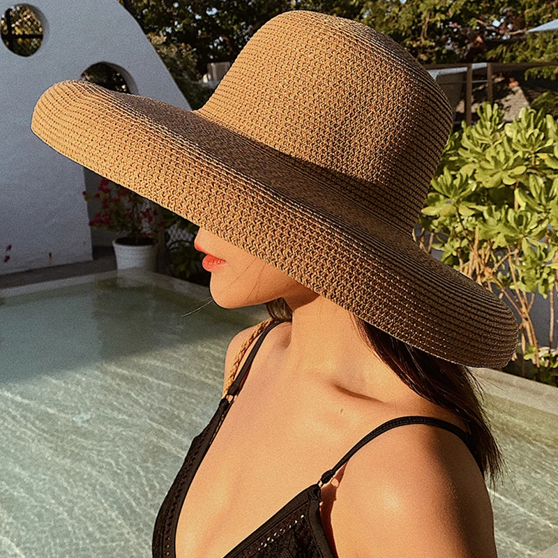 

Fashion Sun Hats Ladies Solid Plain Elegant Wide Brim Hat Female Round Top Floppy Straw Beach Hat Summer Women