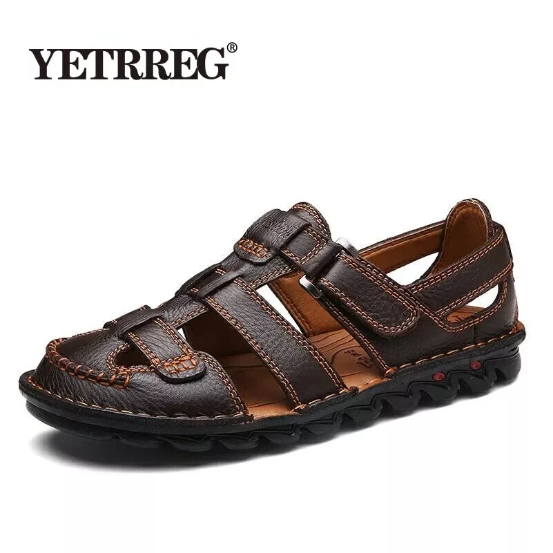 VANCAT Comfortable Handmade Men Sandals Genuine Leather Soft Summer Men\'s Shoes Retro Sewing Casual Beach Shoes Big Size 38-46