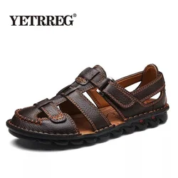 VANCAT Comfortable Handmade Men Sandals Genuine Leather Soft Summer Men's Shoes Retro Sewing Casual Beach Shoes Big Size 38-46