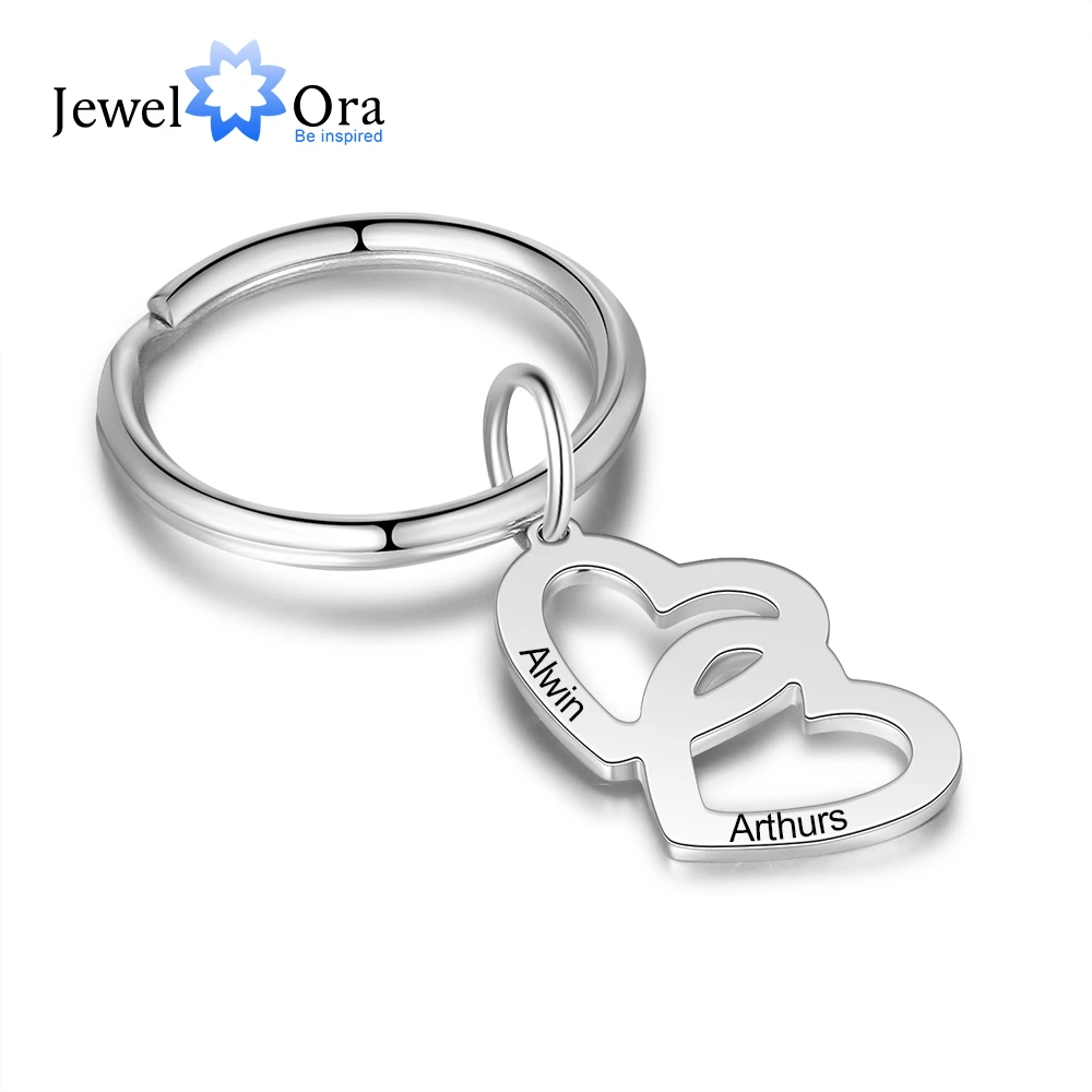 JewelOra Personalized Stainless Steel Heart Key Chains Customized Engraving Name Keyring Keychains for Women Anniversary Jewelry