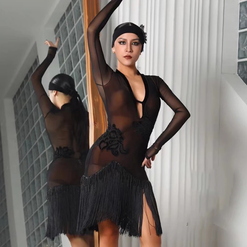 

2024 Latin Dance Competition Dress For Women Sexy Perspective Mesh Fringe Practice Clothes Chacha Rumba Tango Adult Latin Dress