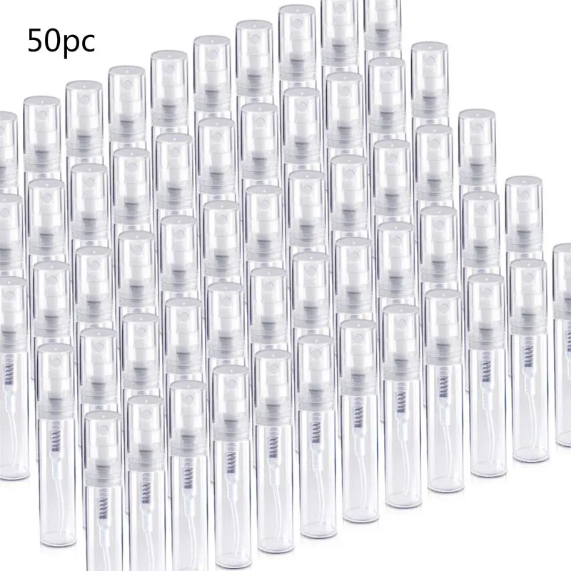 50pcs 2ML transparent mini perfume bottle atomized spray liquid container, sample pen bottle, small cosmetic packaging atomizer