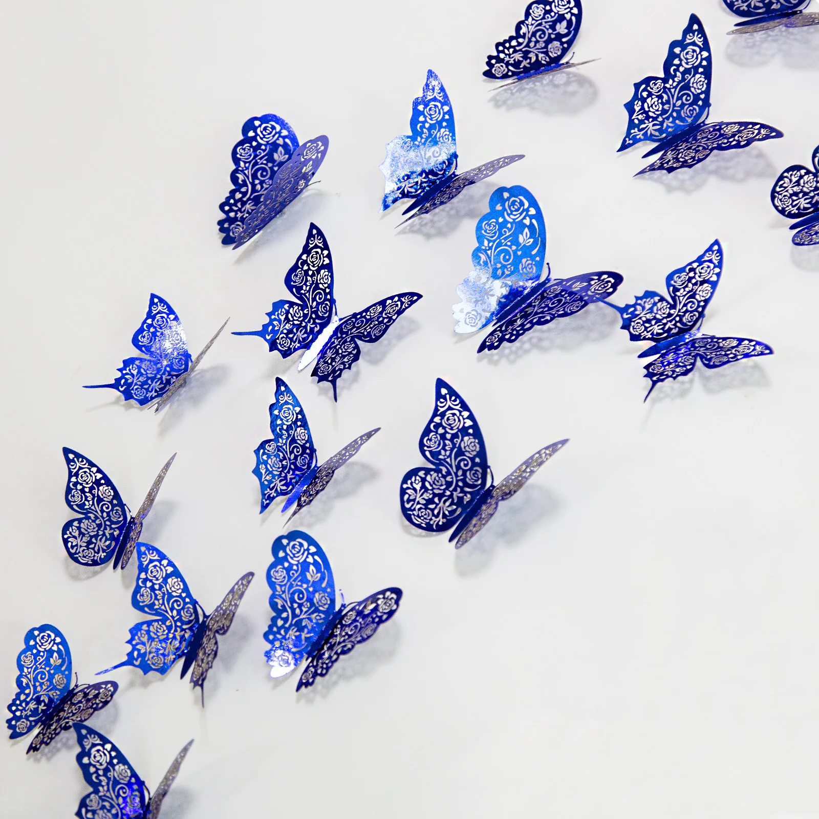 12Pcs New 3D Royal Blue Hollow Butterfly Wall Sticker Paper Rose Flower Design Living Home Decoration Wedding Butterflies Decals