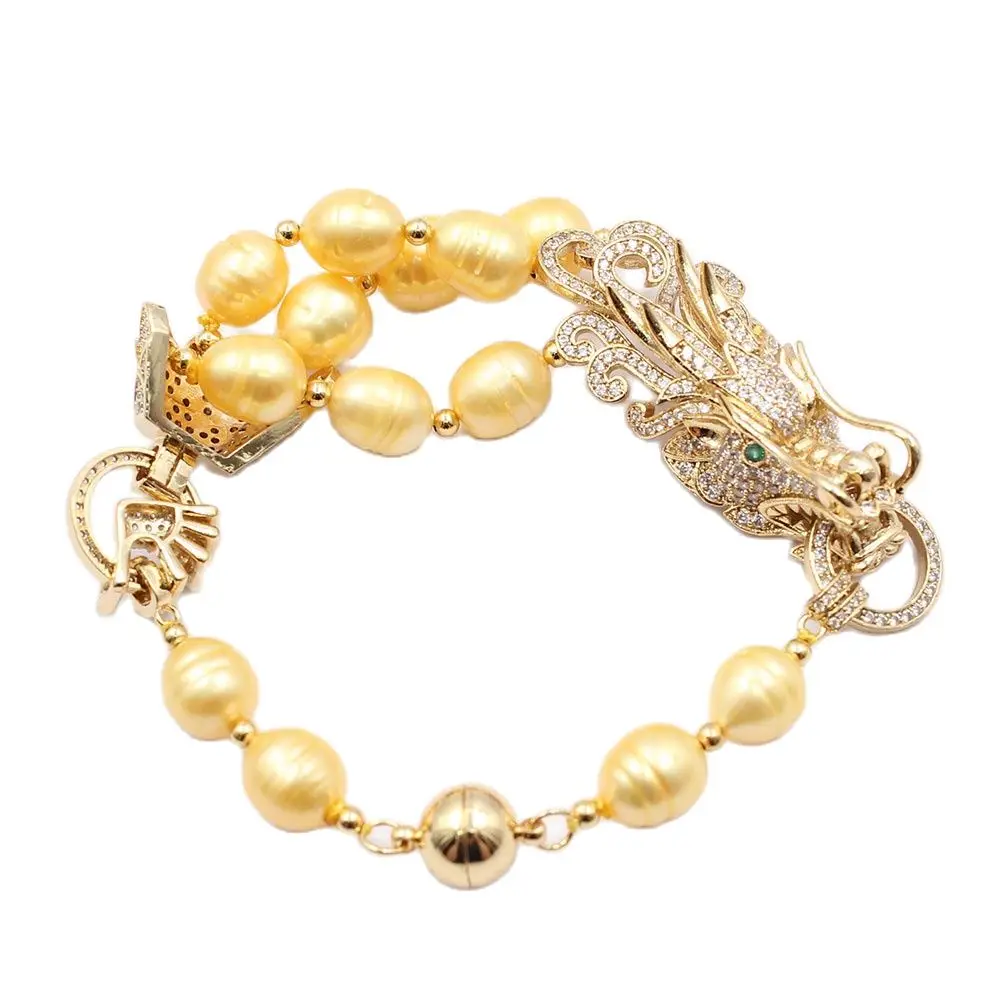 GuaiGuai Jewelry Yellow Golden Rice Pearl Bracelet Dragon CZ Pave Connector Bangle Handmade For Women