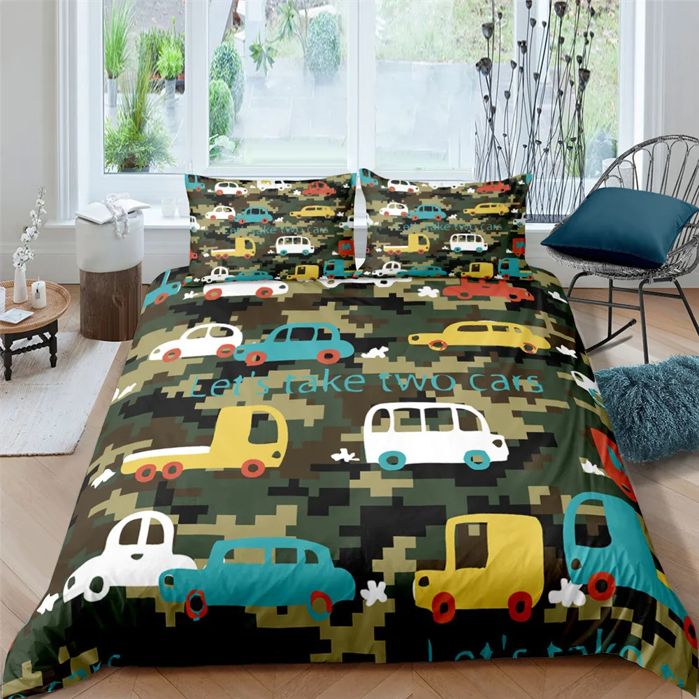 AHSNME Excavator Tank Truck Engineering Vehicle Series Bedding Set Cartoon Children's Room Quilt Cover Pillowcase Set