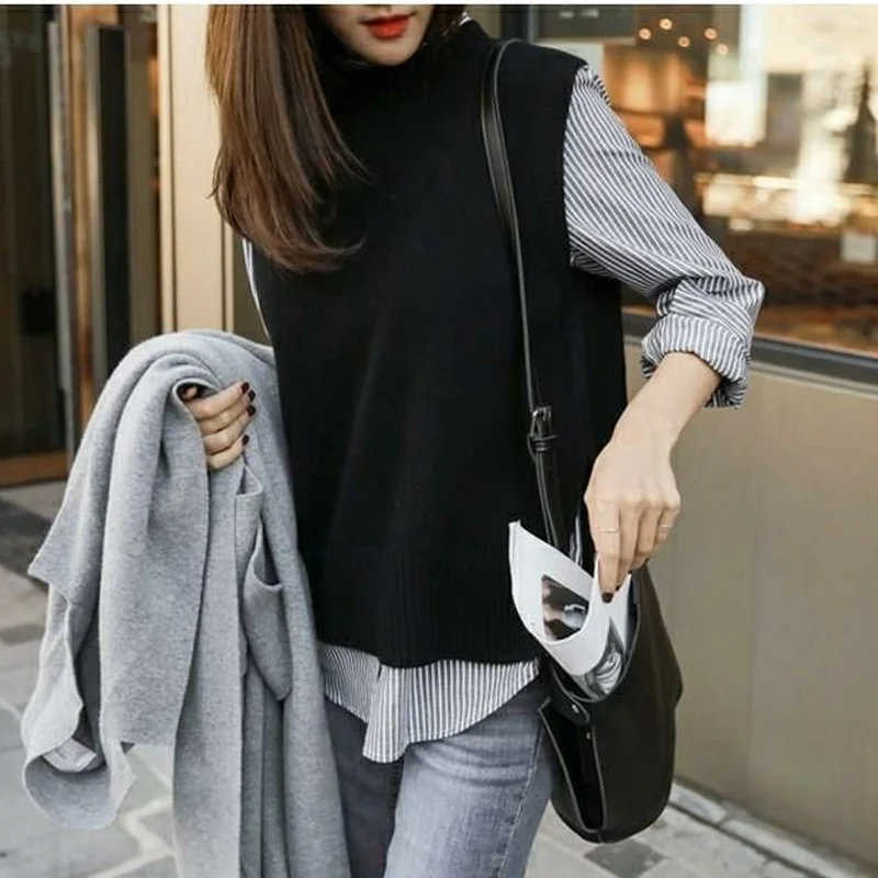 Women Sweater Vests Solid O-neck Side-slit Knitted Fashion Simple All-match Elegant Tender Loose Casual Female Retro Warm Cozy