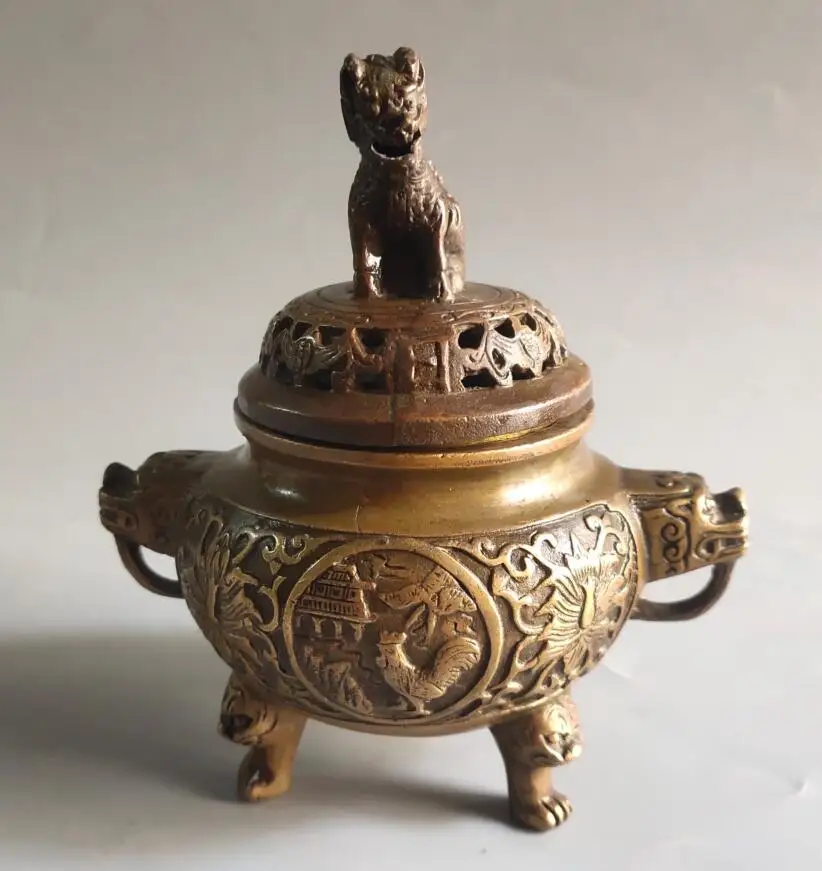 Archaize brass collection God beast kirin lid Incense burner home decoration crafts statue