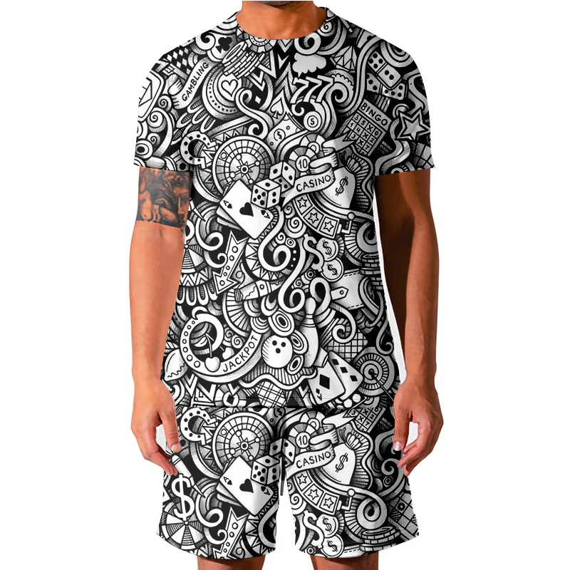 

2021 New 3D Black White Poker Pattern Men's Round Neck T-shirt Suit Fashion Men's And Women's T-shirt + Shorts Sportswear 5XL