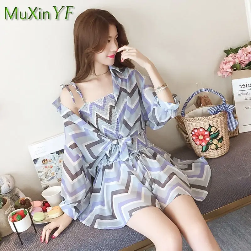 2024 Summer New Chiffon Top Shorts Three-piece Suit Korean Fashion Elegant Blouse Pants Set Female Casual Trousers