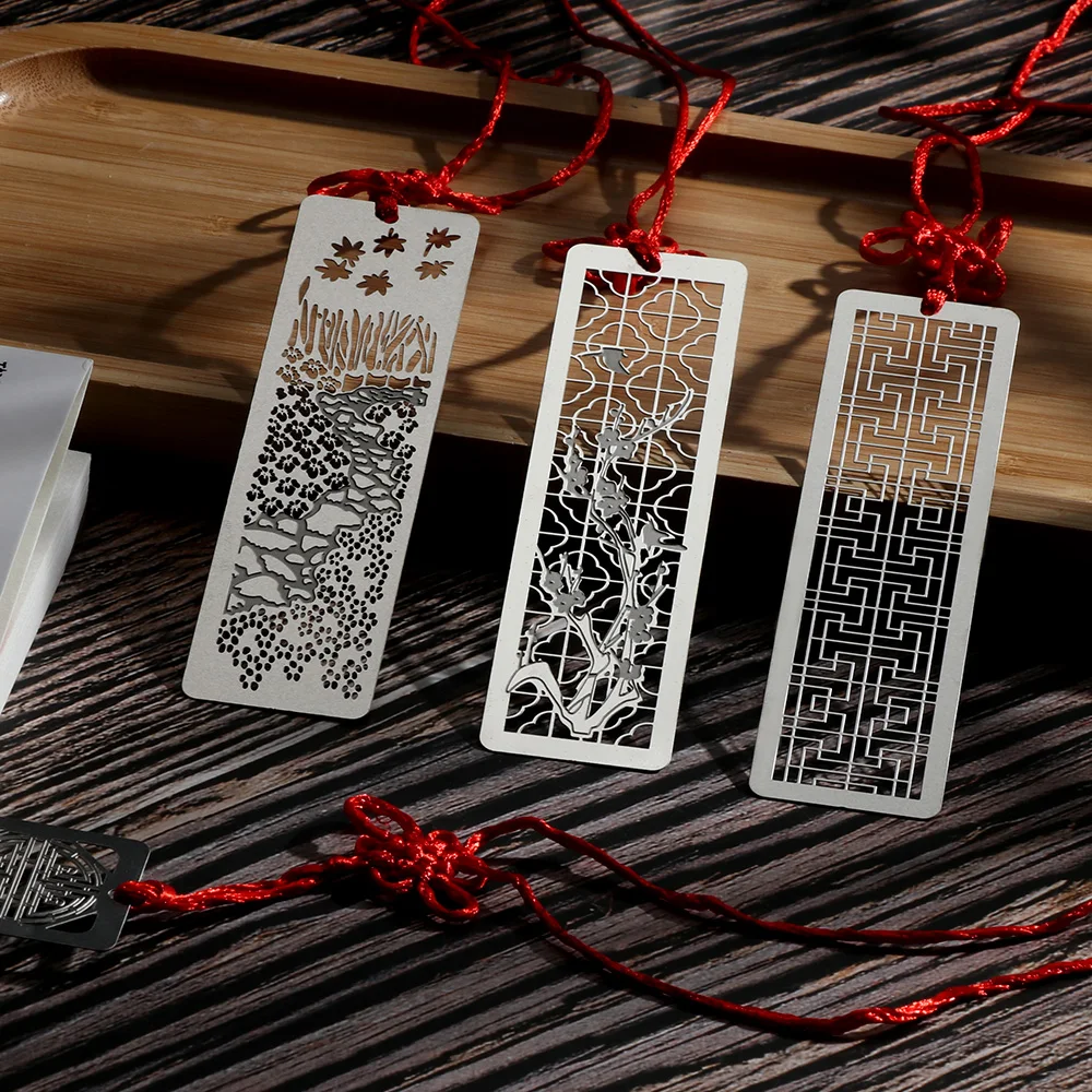 Stainless Steel Bookmarks Hollow Metal Bookmarks Tasse with Red Knot for Kids Students Gift School Supplies