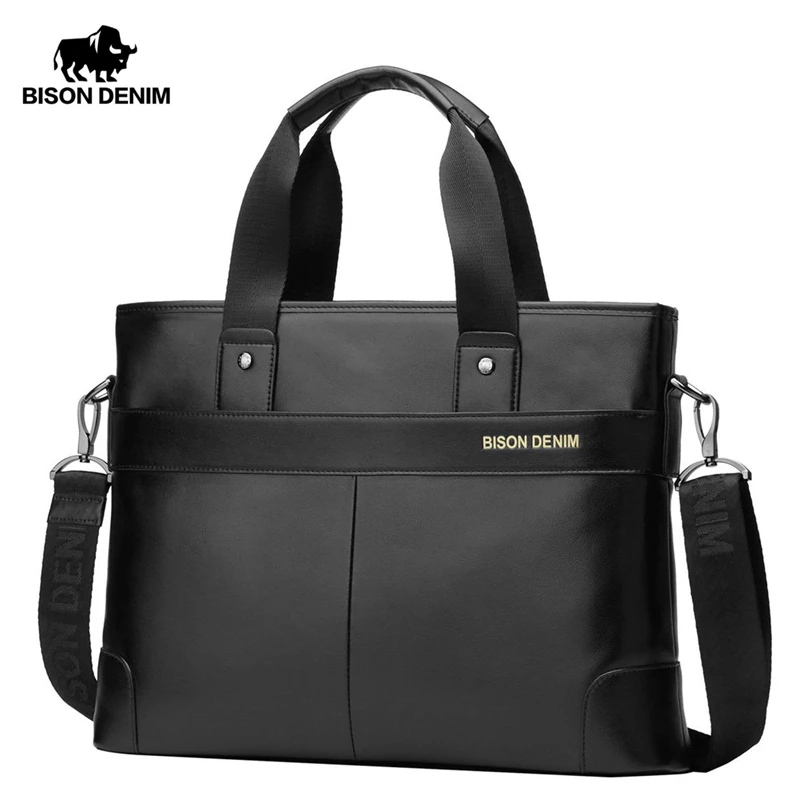 BISON DENIM-maletín de cuero de vaca para hombre, bolsa de viaje de negocios para ordenador portátil, bolso de hombro informal, bandolera, N2195-1