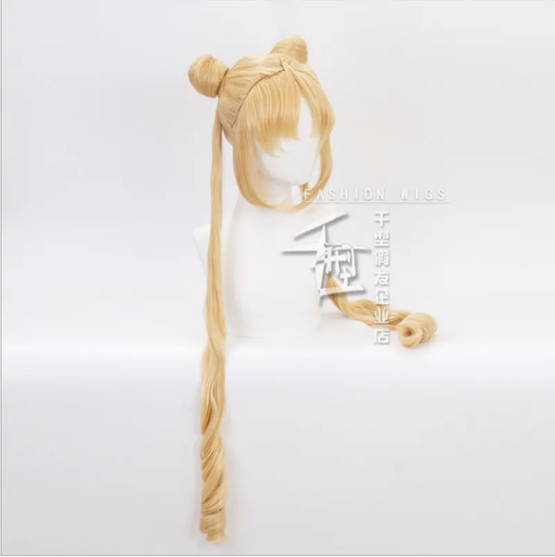 Parrucca Cosplay Tsukino Usagi lunga bionda riccia doppia coda di cavallo parrucche sintetiche termoresistenti + cappuccio parrucca