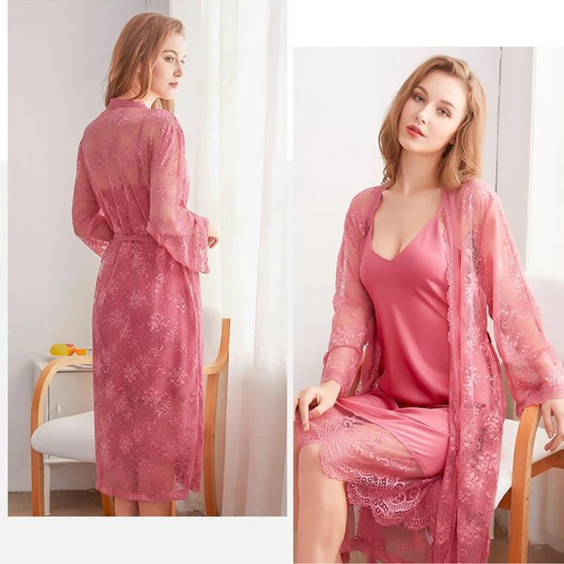 

Nightgown 2PCs sexy lace romantic pajamas spring and summer home service European American ladies strap nightdress pijamas