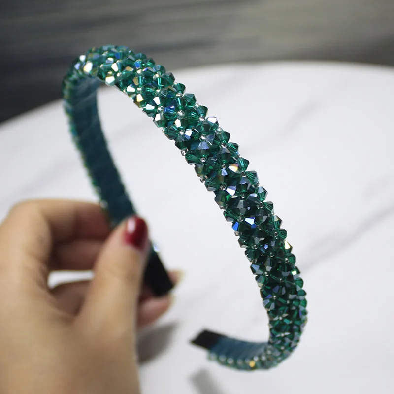 Lystrfac Solid Color Luxury Rhinestone Headband for Women Beads Bezel Shiny Hairband Girls Bride Wedding Hair Accessories