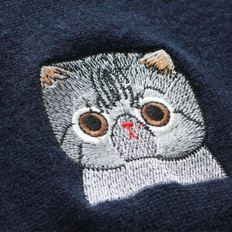 Mori Girl Women Casual Sweet Navy Blue Color Full Sleeved Loose Cartoon Cat Embroidery Sweater Female Kawaii Cardigan U636