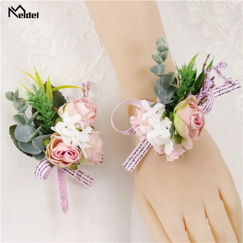 Meldel Silk Flowers Boutonnieres for Groomsmen Flower Wedding Wrist Bracelet for Bridesmaids Marriage Prom Brooch Corsage Pins