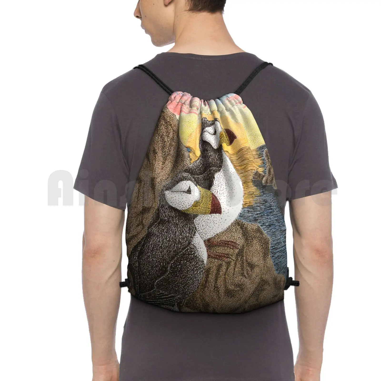

Puffins On Sunset Cliff Backpack Drawstring Bag Riding Climbing Gym Bag Puffin Bird Sunset Sunrise Colorful Water Ocean Lake
