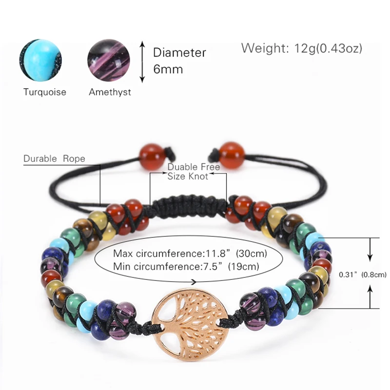 Tree of Life Chakra Bracelet Yoga Healing Crystal Stone Bracelets Double Layered Braided Natural Beads Bracelets for Women Girl