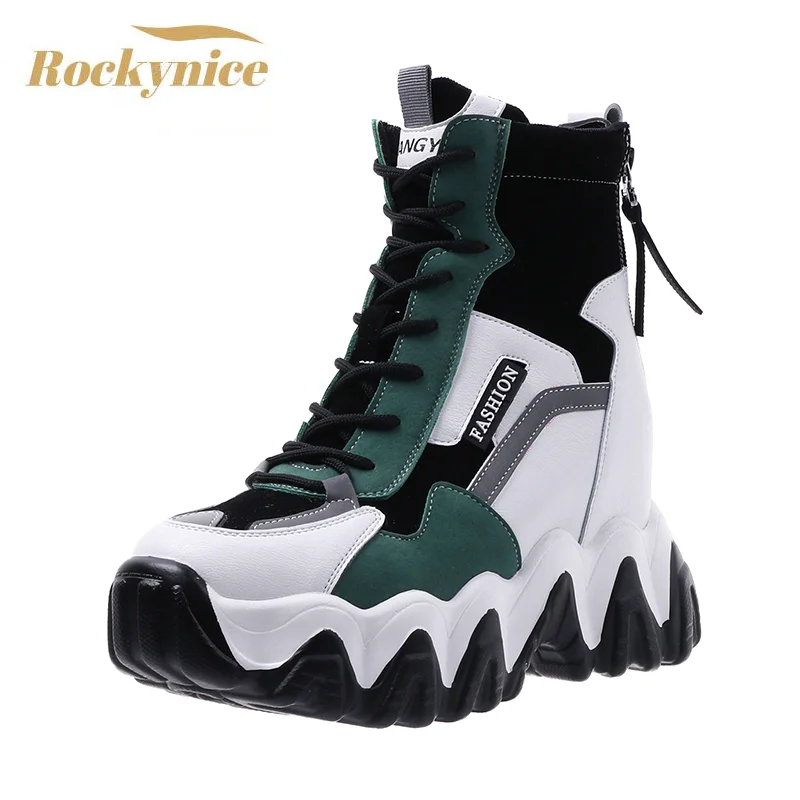 New Autumn Women's Platform Ankle Boots Luxury High Top Casual Sneakers Women's 8cm High Heels Wedges Winter Leather Boots Woman