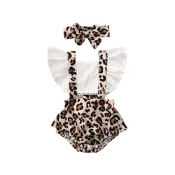 Pudcoco US Stock 0-24M 2PCS Summer Newborn Baby Girl Clothes Set Off Shoulder Leopard Bodysuit Jumpsuit Headband Outfit Set