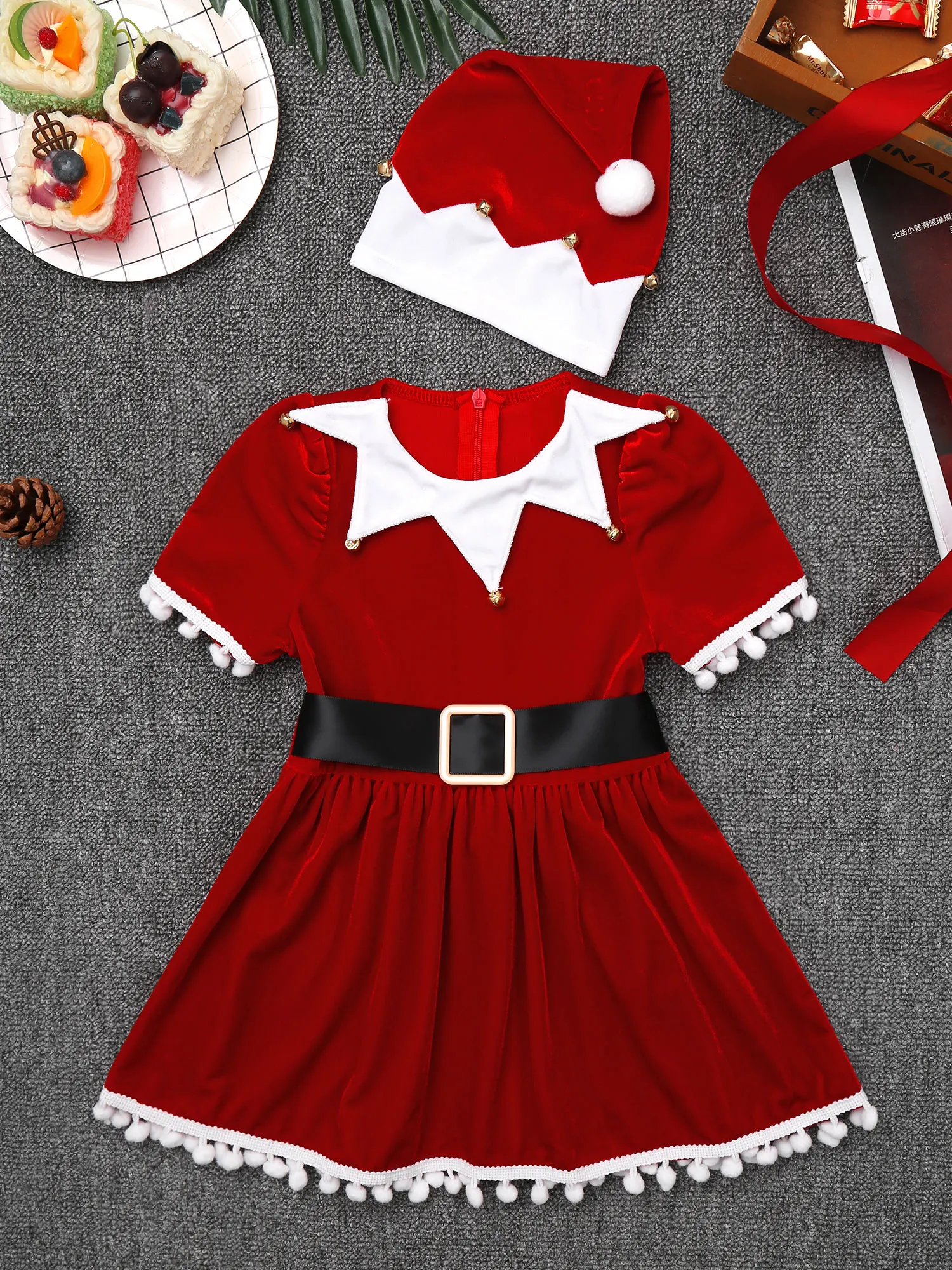 Kids Girls Christmas Dress Santa Claus Cosplay Costume Tassel Tutu Princess Dress with Hat Belt Children New Year Party Outfits