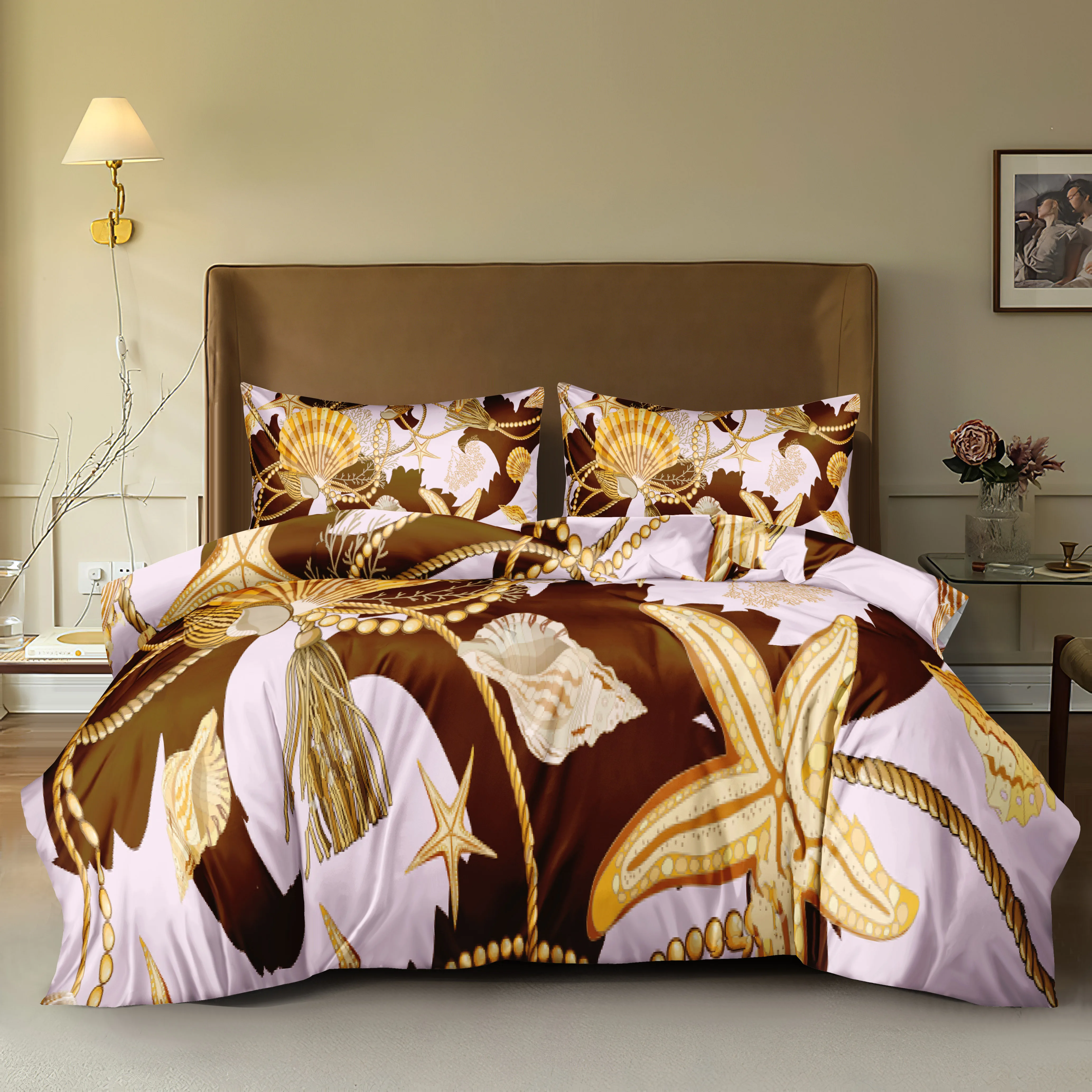 Gold Ocean Bedding Sets Luxury Tassel Duvet Cover Set Gold Ocean Stars Home Textiles Ocean Bed Linen for Dropshipping