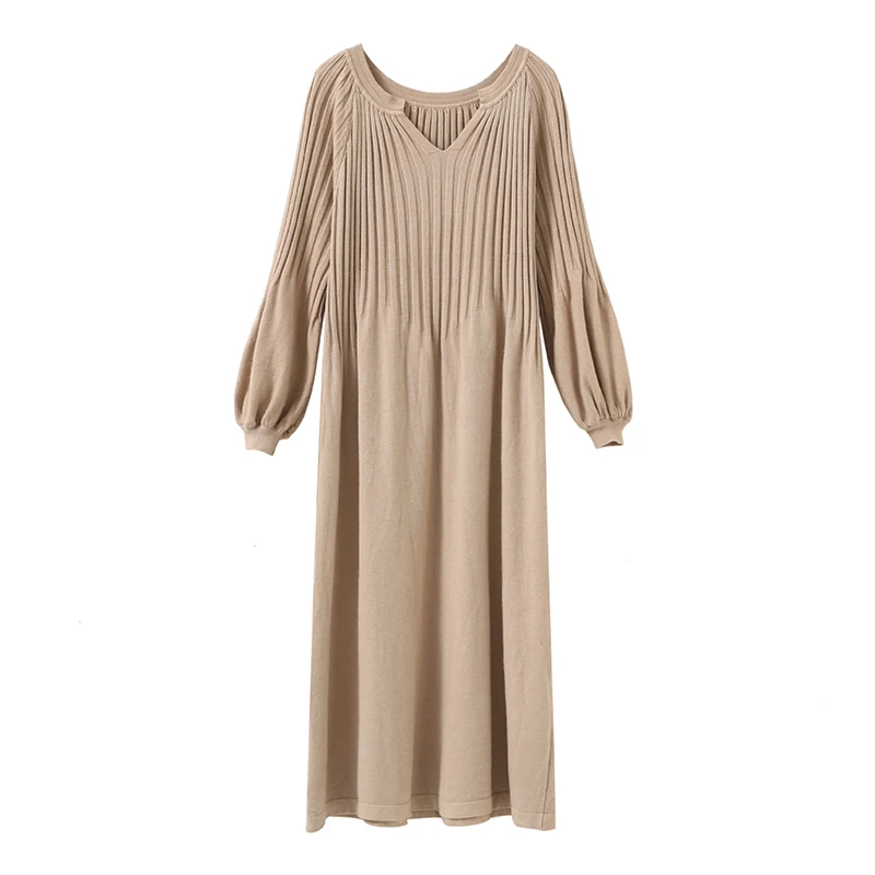 

Autumn Winter Women Knitted Sweater Dress 2020 New Korean Lantern sleeve V Neck Elegant Long Dress Ladies Bottoming Loose Dress