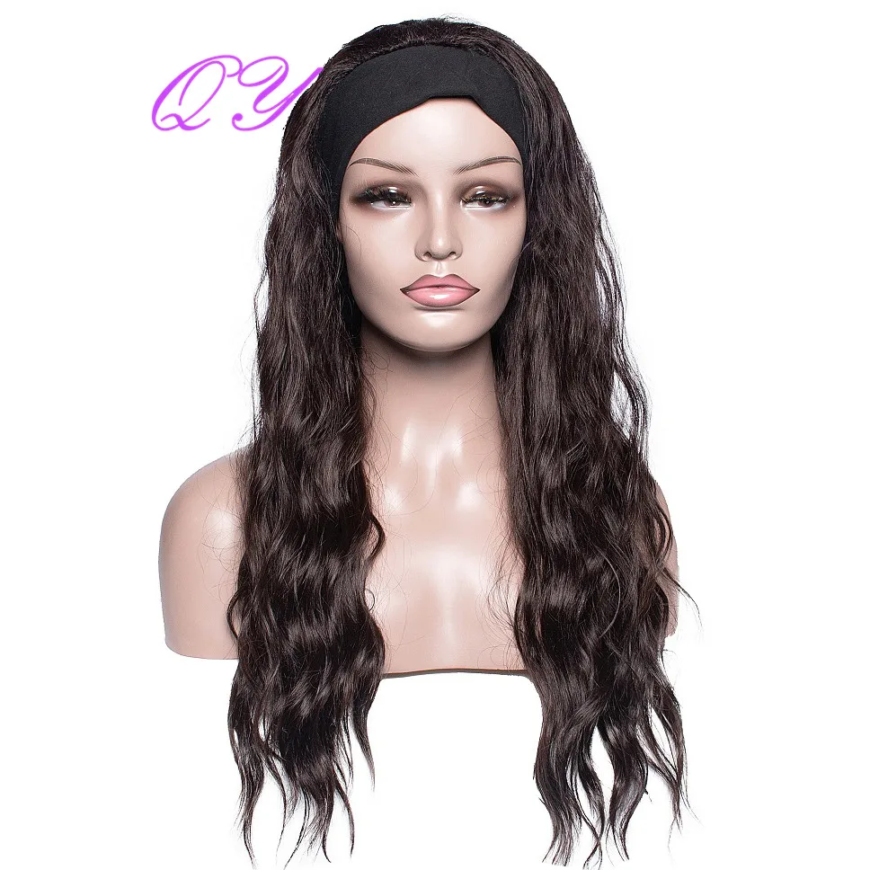 QY Hair Long Natural Wave Headband Wig Synthetic Wigs For Women Dark Brown Color Black Wrap Daily Ladies Wig